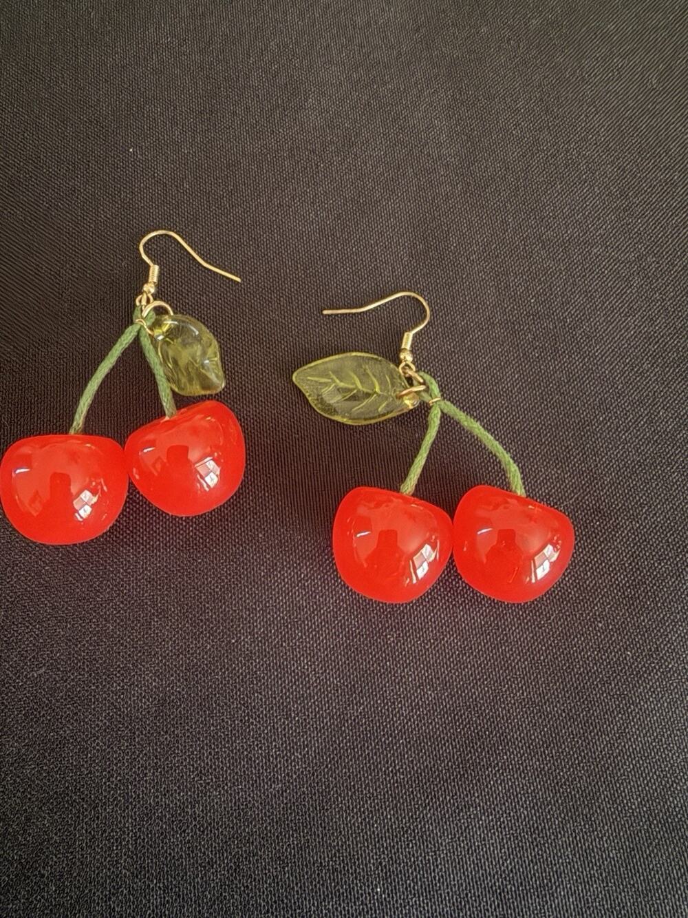 Cherry Dangle Drop Hook Earrings Red Gold Green Plastic Metal No Stone